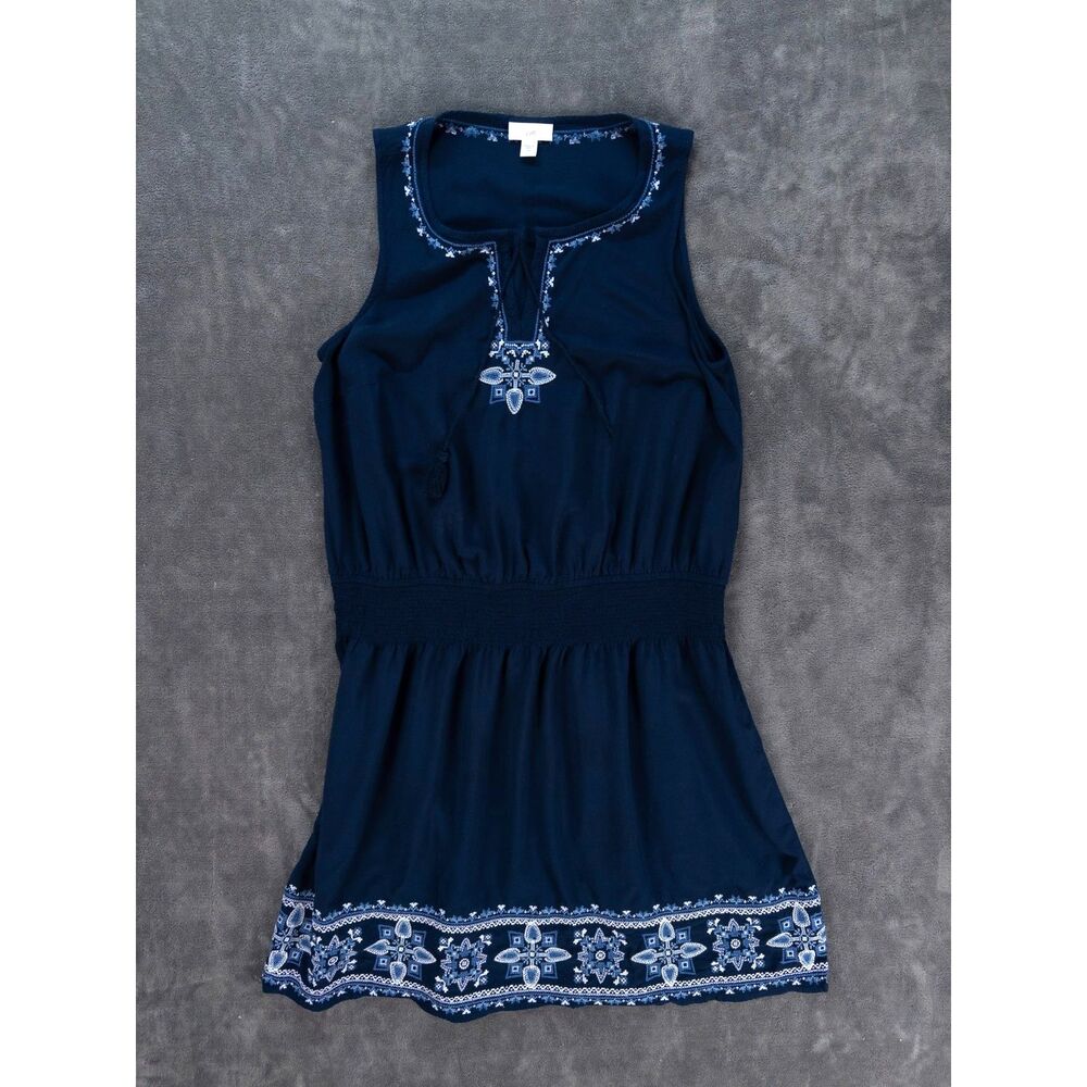 J.Jill Navy Embroidered Boho Peasant Dress Tassel Sleeveless Medium Petite *FLAW
